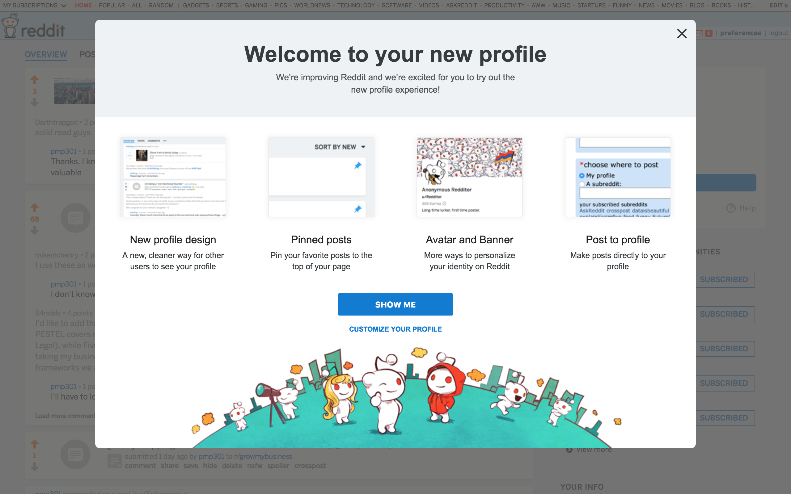 This is a screenshot of reddit's redesign announcement that says "welcome to your new profile" and gives an overview of new features in a modal dialoge window that has a CTA that says show me.