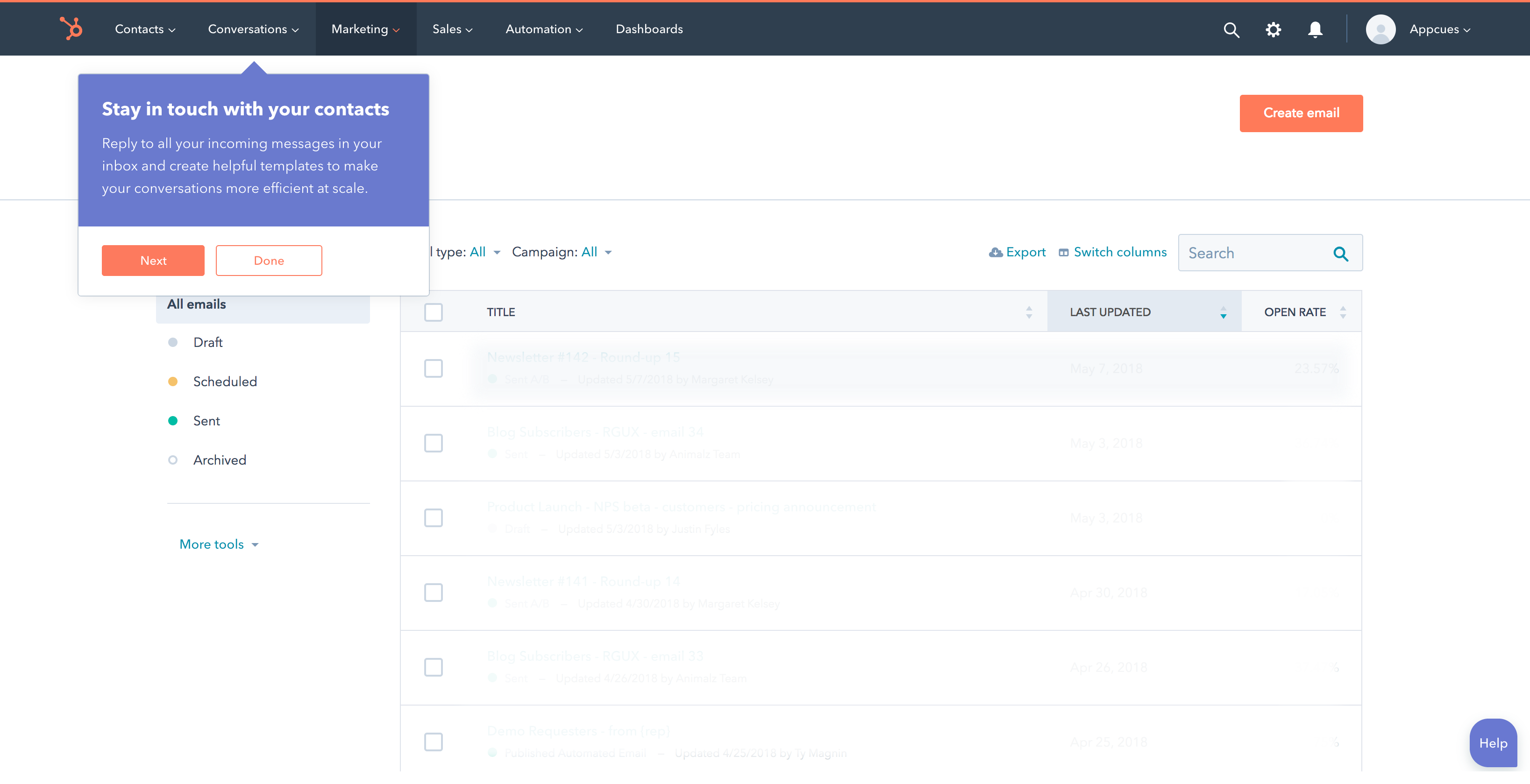 this is an example of a tooltip to draw attention to a specific page element or feature. it is a screenhot of a hubspot account with a tooltip that explains what the "conversations" button in the toolbar header is for. The tooltip says "stay in touch with your contacts"