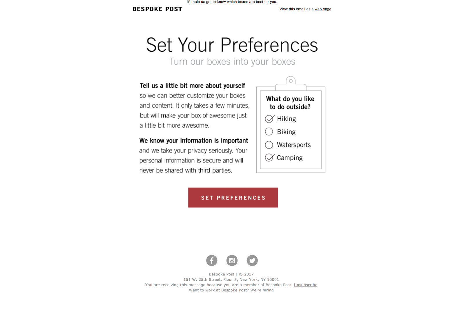 This is an example of an ecommerce segmentation email that allows users to set their preferences based on their hobbies. There is a drawing of a clipboard that says "what do you like to do outside" and has 4 options, 2 of which are checked off.