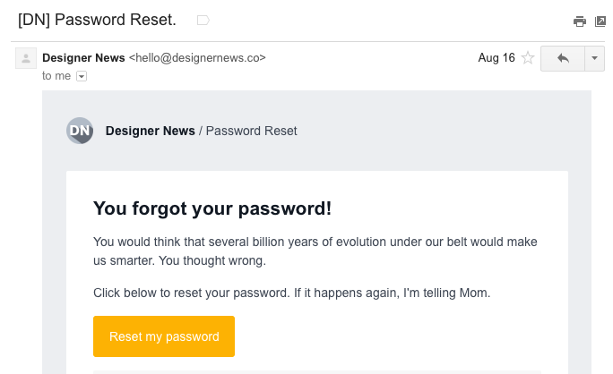 Designer News password reset email