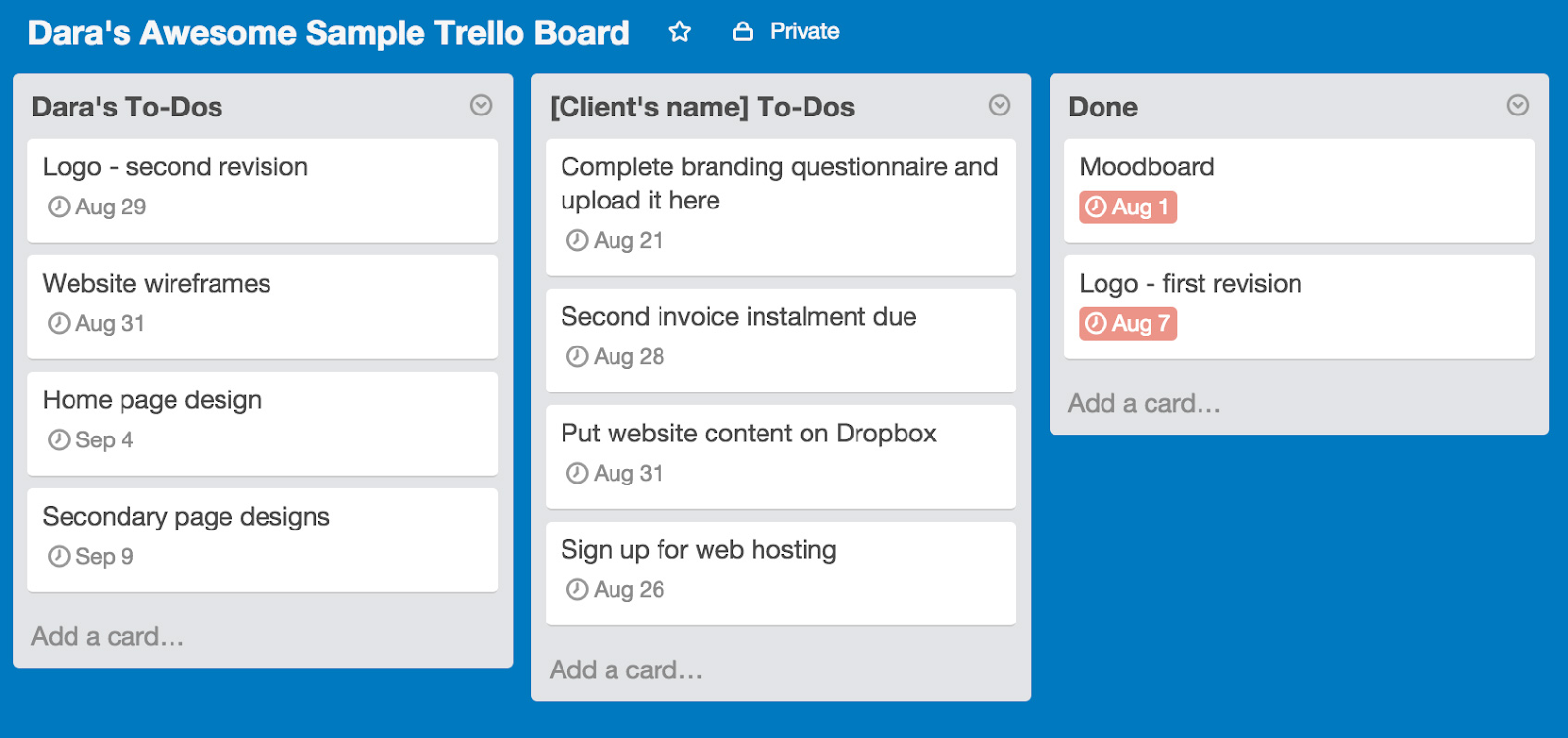 This is a sample trello board. It shows to-do lists and a list of finished tasks. This is an example of a kanban board.