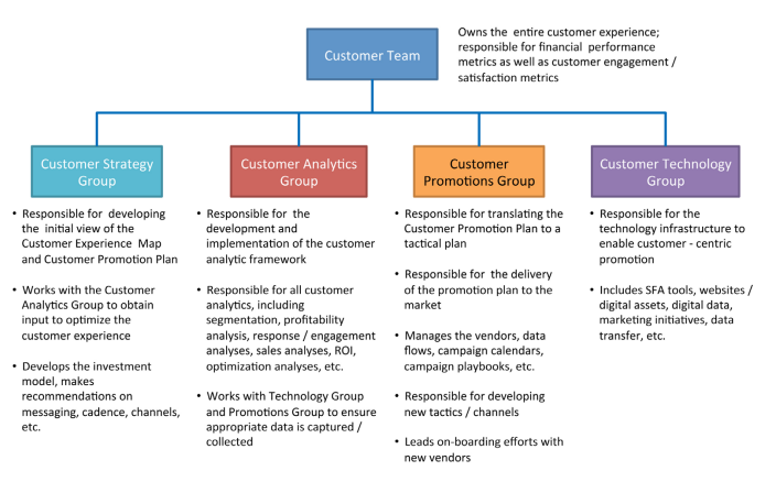This is a flow chart showing responsibilities across teams for ownership ovrer different parts of the customer experiene. It shows the customer team broken down into 4 groups: customer stragey, customer analytics, customer promotions, and customer technology.
