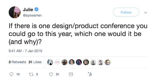 This is a tweet about product conferences and design conferences in 2019, asking which conference should you attend this year.