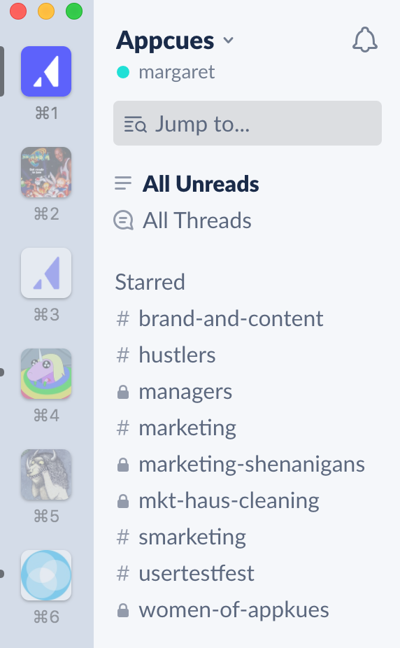 This is a an example of a business Slack channels. It shows a slack sidebar with multiple slack communities.