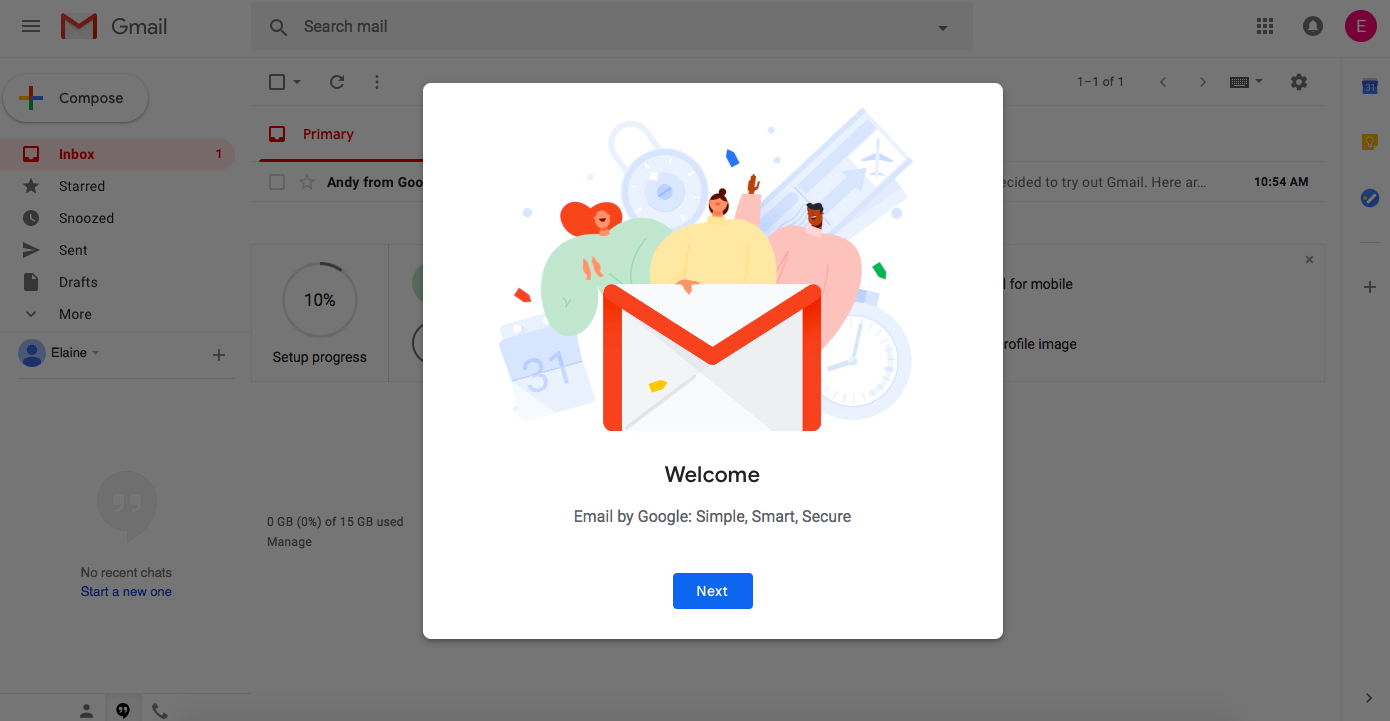 This is a screenshot of gmail's new user welcome message modal, with an illustration of 3 people behind the gmail logo.