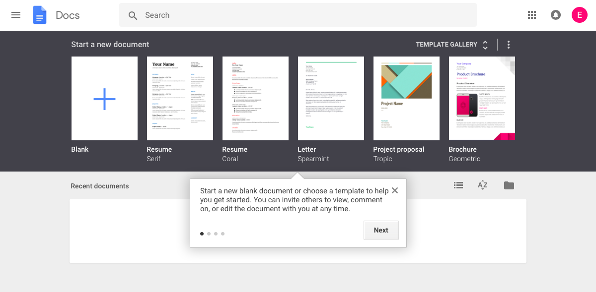 This is an example of a google user onboarding flow, showing a tooltip with a button and progress dots.