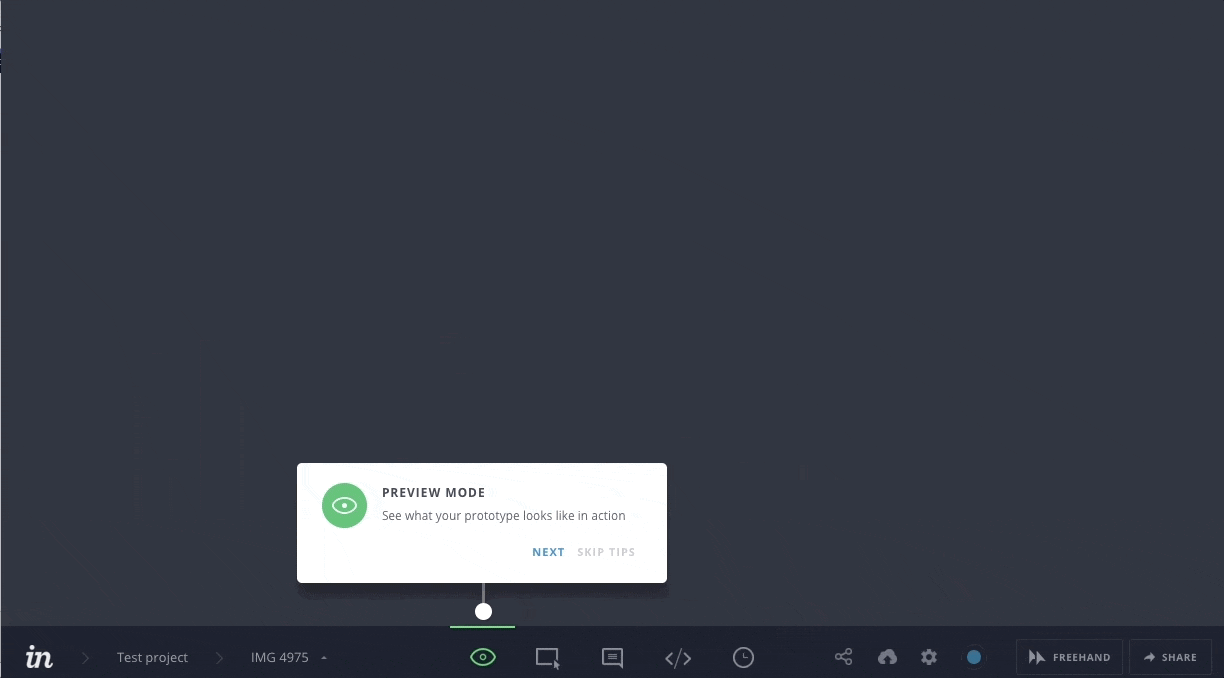 This is a gif of a product onboarding tour example from Invision, showing a series of custom styled tooltips pointing to important features in the invision editor.