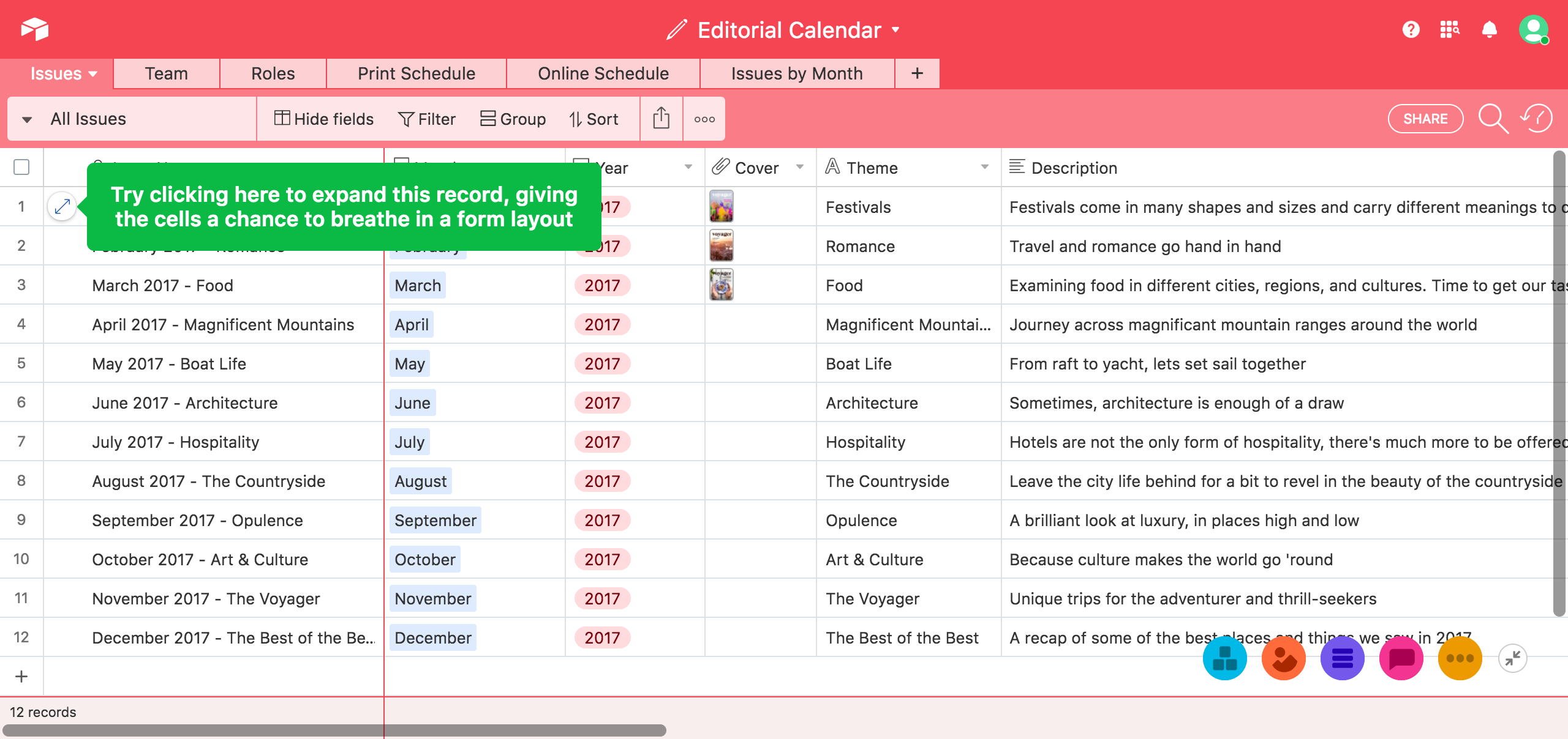 This is an example of a tooltip in Airtable. It shows a green tooltip on a full spreadsheet, instructing the user to click to expand the cell.