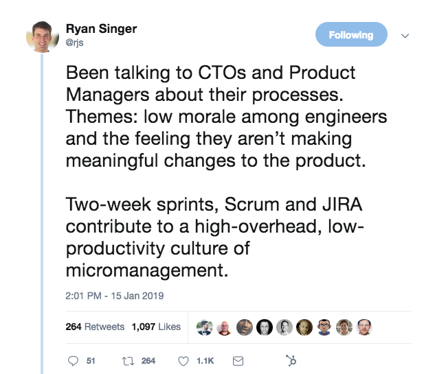 This is a tweet from the head of product strategy at Basecamp about processes for CTOs and product managers, and how they address low morale among engineers.