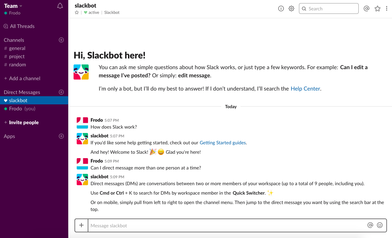 This is a screenshot of slack's user onboarding slackbot showing the new interface from 2019. This is an example of learn by doing user onboarding.