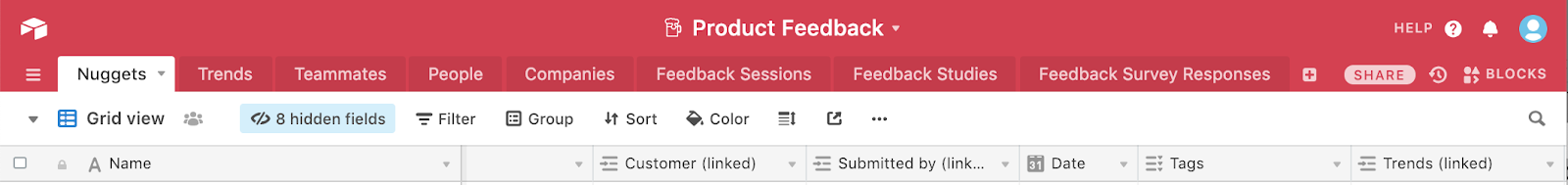 This is an example of an Airtable base (called product feedback) with multiple sheet tabs. This is an example ofa product design team data collection tool.
