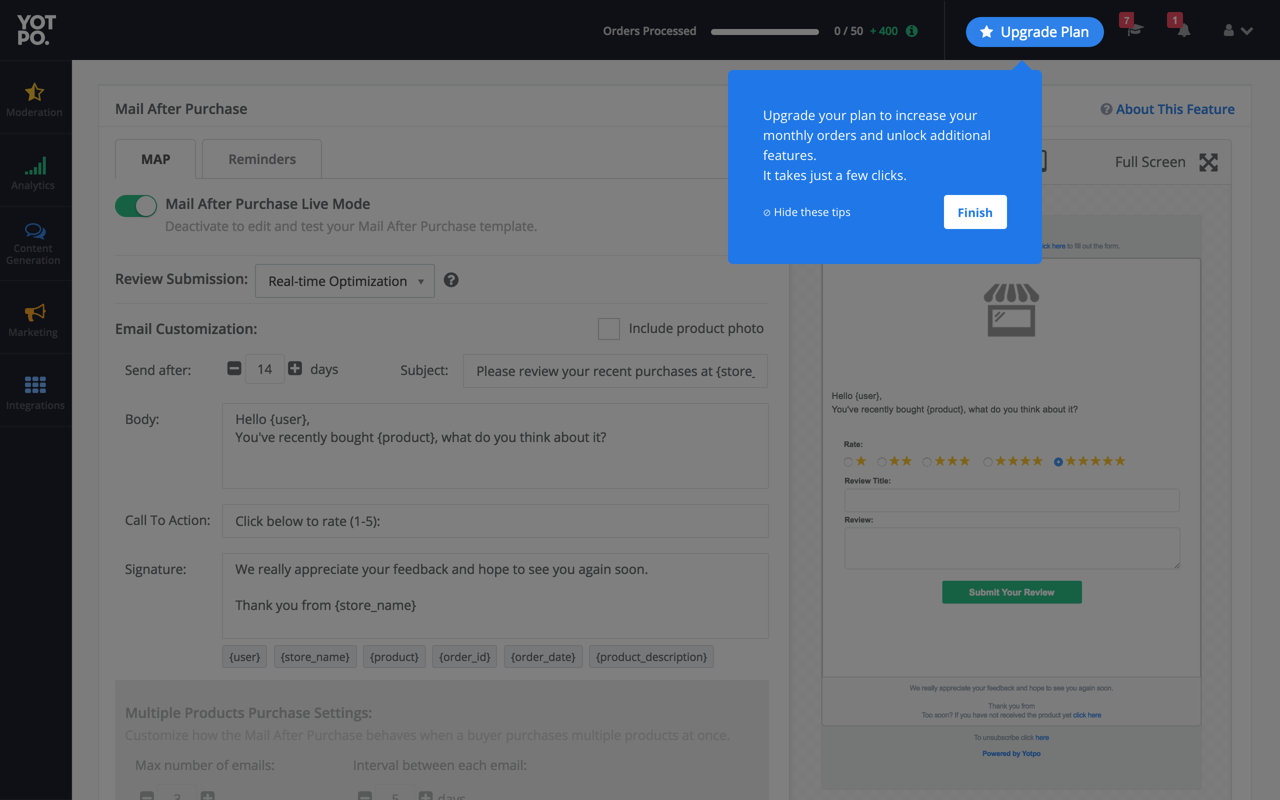 this is a screenshot of yotpo's onboarding flow with an upgrade prompt tooltip pointing to an "upgrade plan" cta