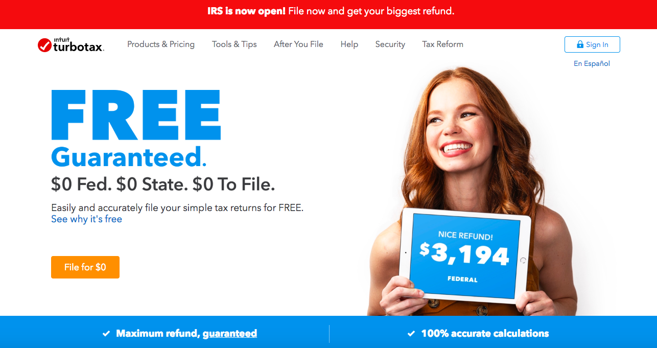 This is a screenshot of intuit turbotax's website from february 2019. It says "FREE guaranteed" "maximum refund, guaranteed" "100% accurate calculations" with a photo of a woman holding a tablet that shows the amount of her federal tax refund