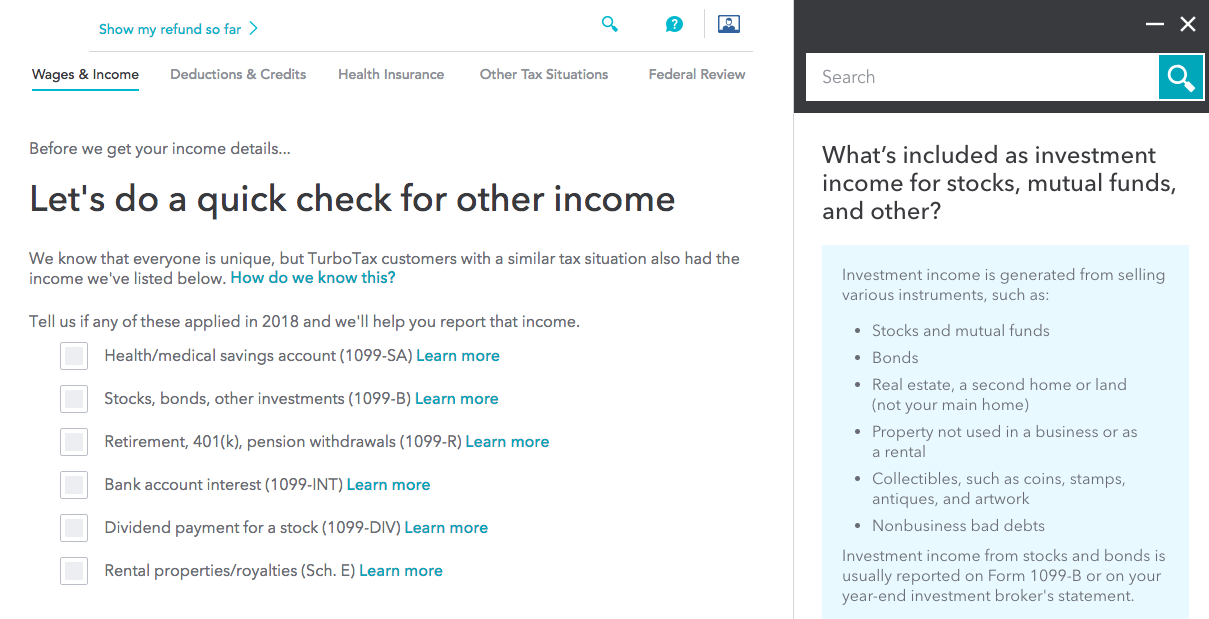 this is an example of contextual faq as in-app messaging and inline links. This is a screenshot from turbotax that shows an FAQ slideout with a search function. the text says "let's do a quick check for other income"