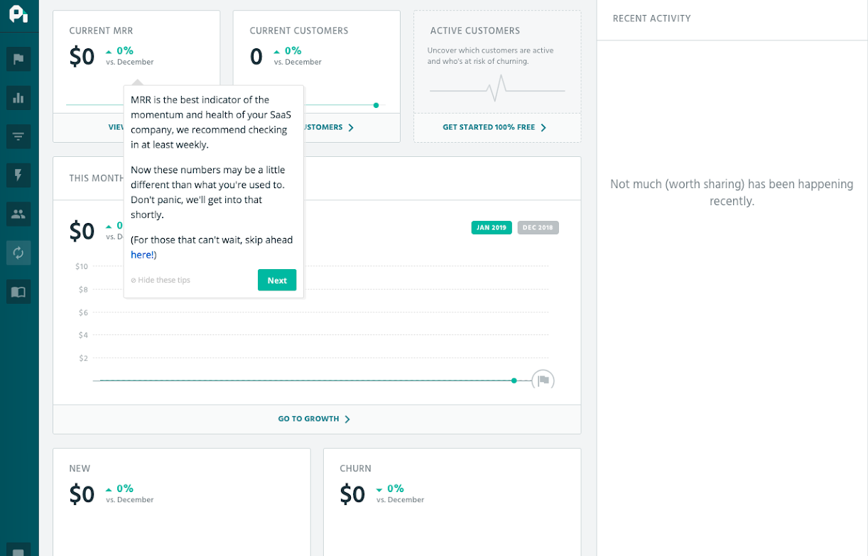 This is a tooltip in ProfitWell user dashboard showing new users how to use the platform. The tooltip has text explaining what each metric is, plus a next button in Profitwell's brand color.