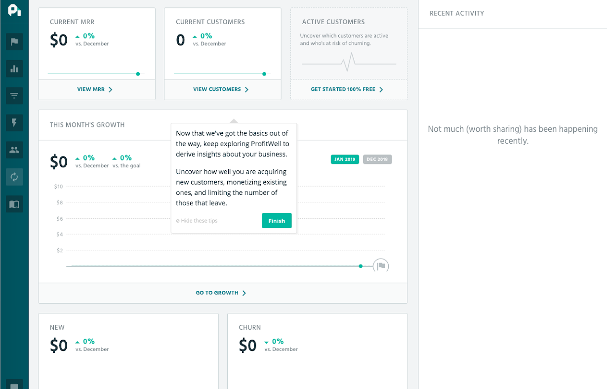 This is a tooltip in ProfitWell user dashboard showing new users how to use the platform. The tooltip is the end of profitwell's new user onboarding tour.