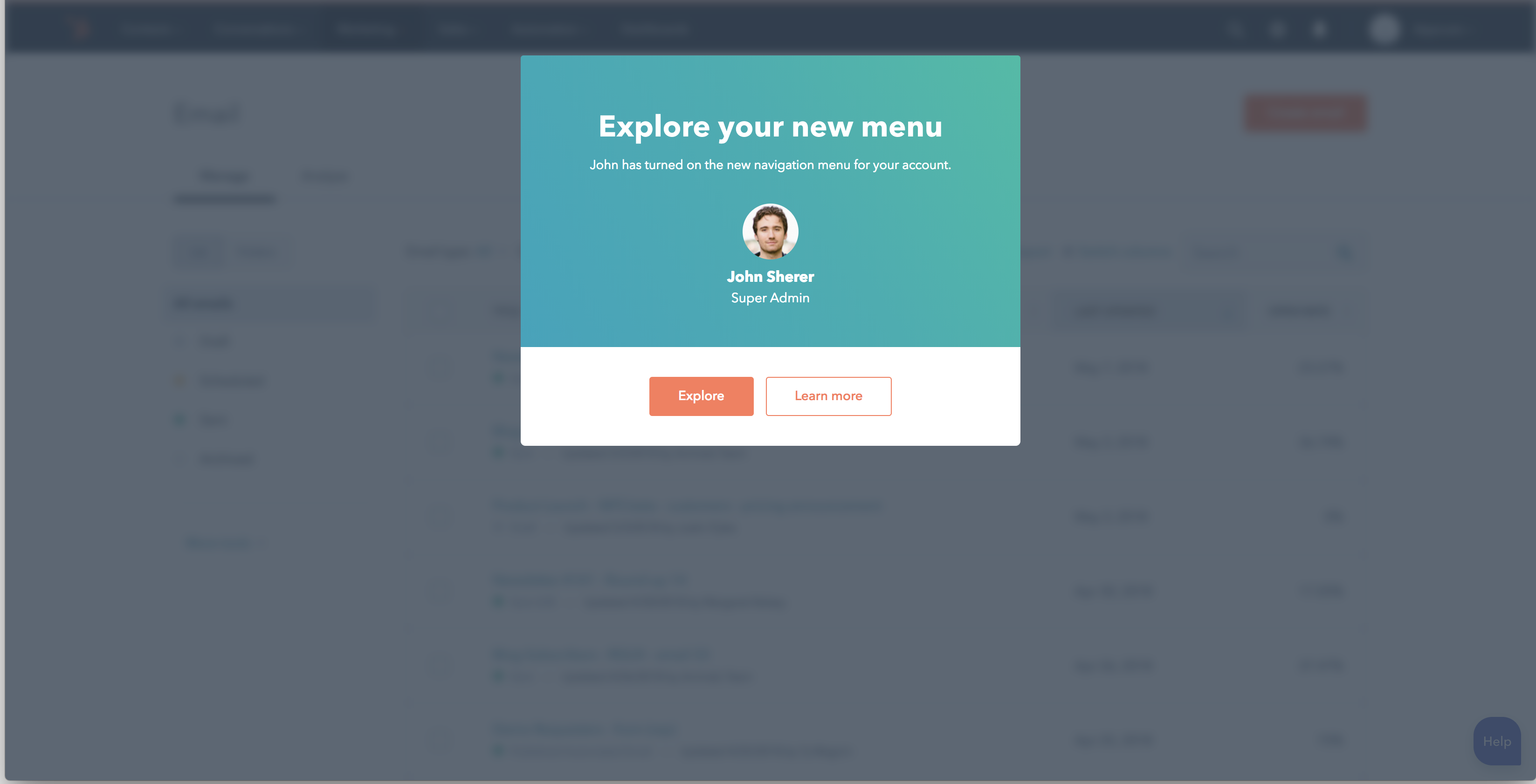 this is a screenshot image of a modal window in-app notification from hubspot that has the message "explore your new menu" and shows a personalized message with 2 cta buttons