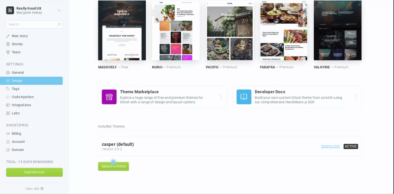 this is a gif image from ghost cms blogging platform that shows a prompt to customize a theme. this is an example of emohasizing the aha moment as an uncompleted task