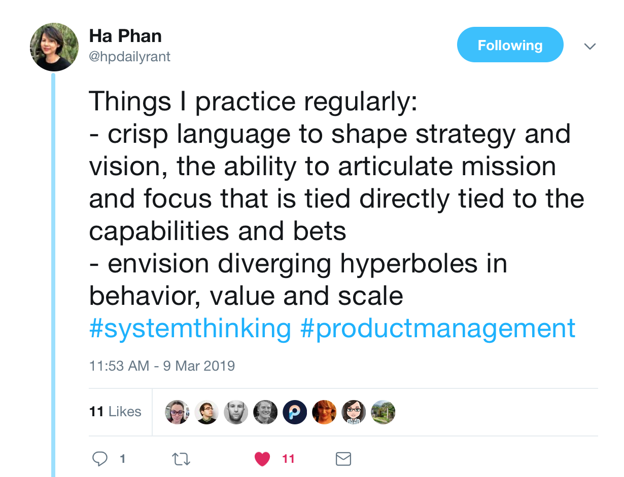 A tweet from @hpdailyrant that says, "Things I practice regularly: 1. crisp language to shape strategy and vision, the ability to articulate mission and docus that is tied directly to the capabilities and bets. 2. envision diverging hyperboles in behavior, value, and scale