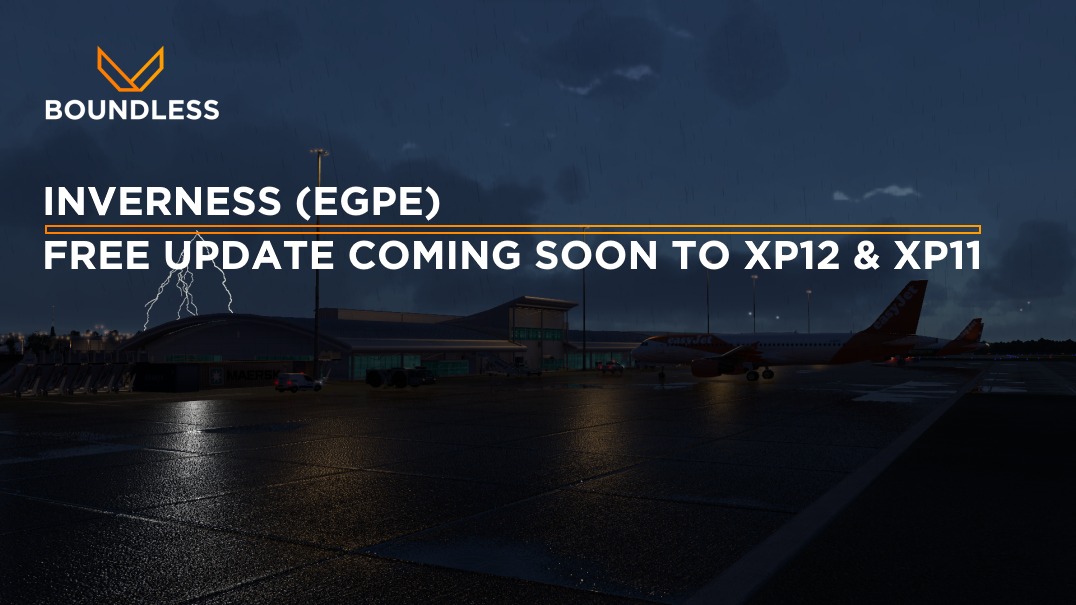 Pode ser uma imagem de helicóptero e texto que diz "BOUNDLESS INVERNESS (EGPE) FREE UPDATE COMING SOON TO XP12 & XP11"
