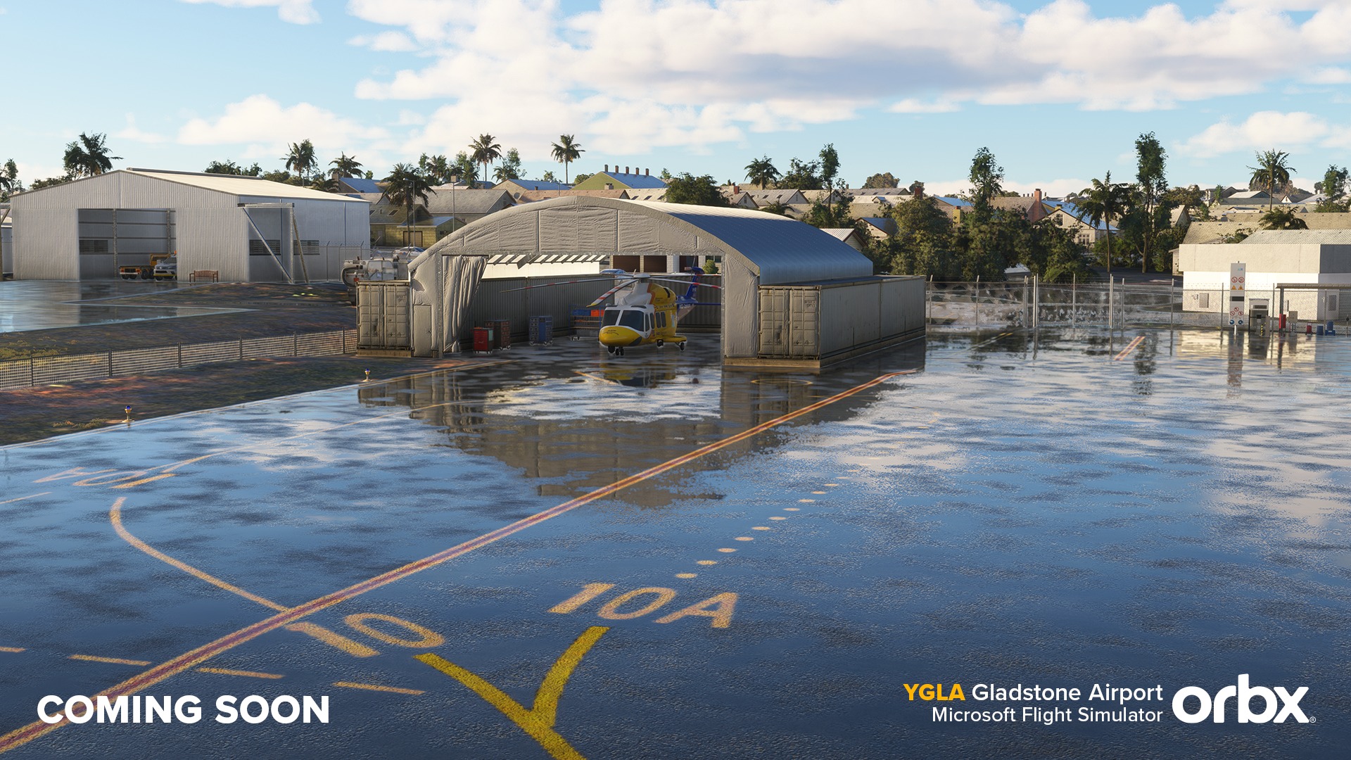 Pode ser uma imagem de texto que diz "COMING SOON YGLA Gladstone Airport orbx Microsoft Flight Simulator"