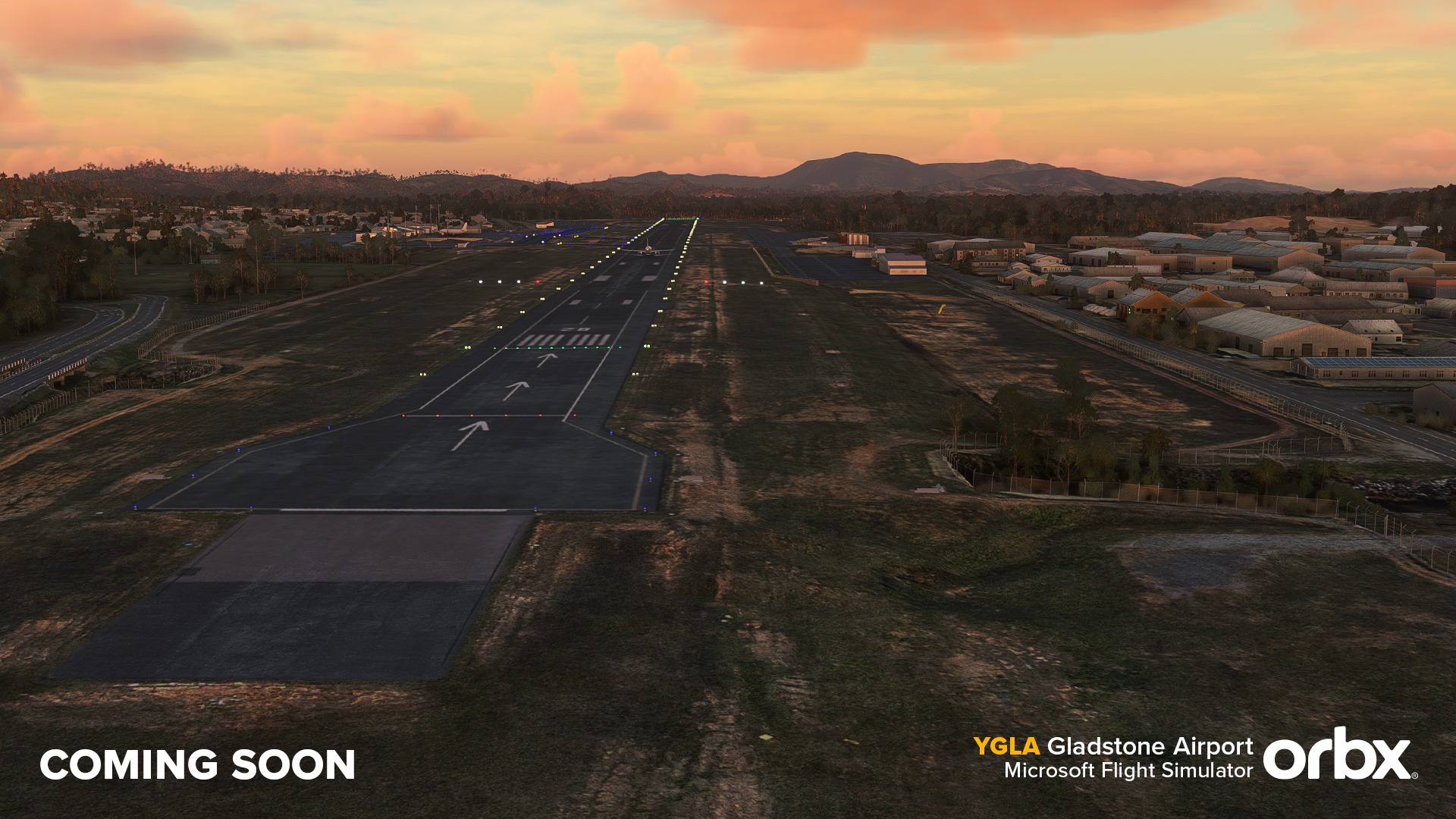 Pode ser uma imagem de texto que diz "COMING SOON YGLA Gladstone Airport orbx Microsoft Flight Simulator"