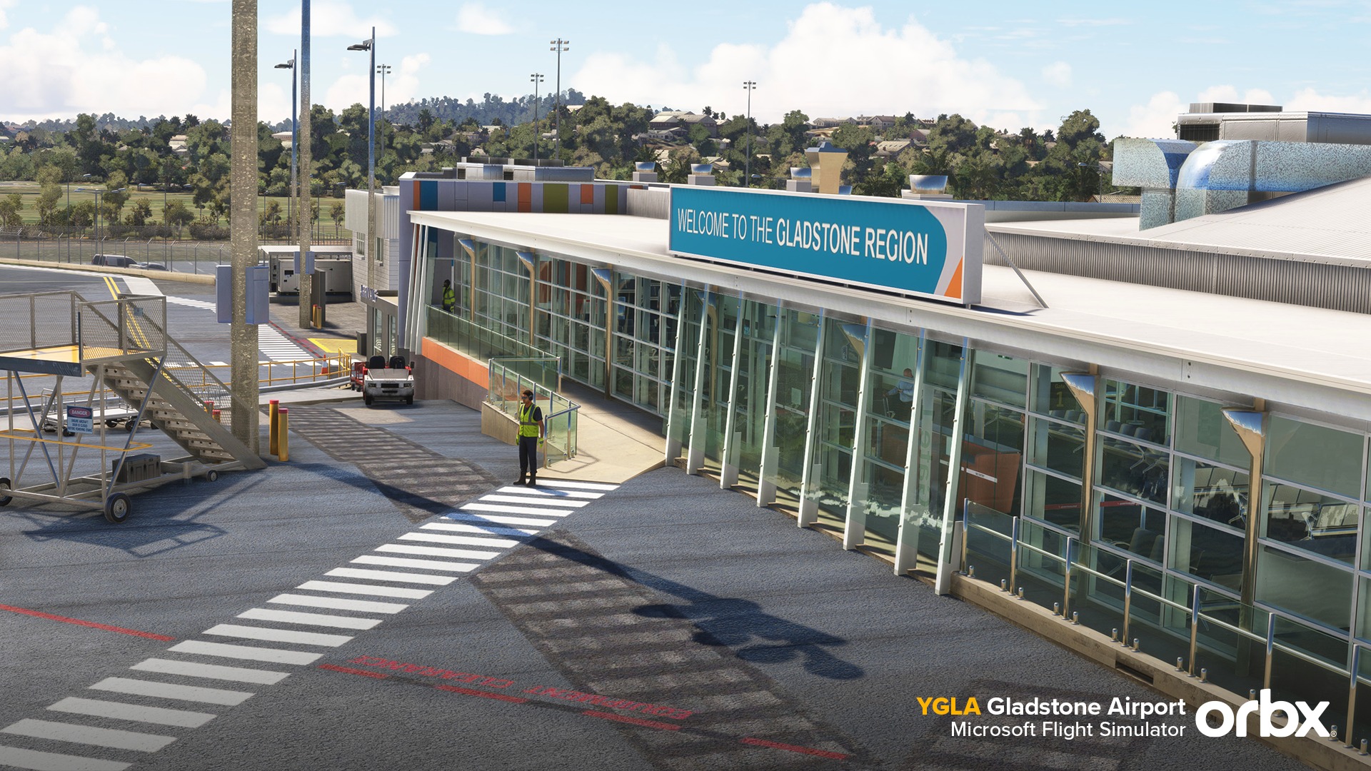 Pode ser uma imagem de 1 pessoa, aeronave e texto que diz "M GLADSTONE REGION YGLA Gladstone Airport orbx Microsoft Flight Simulator"