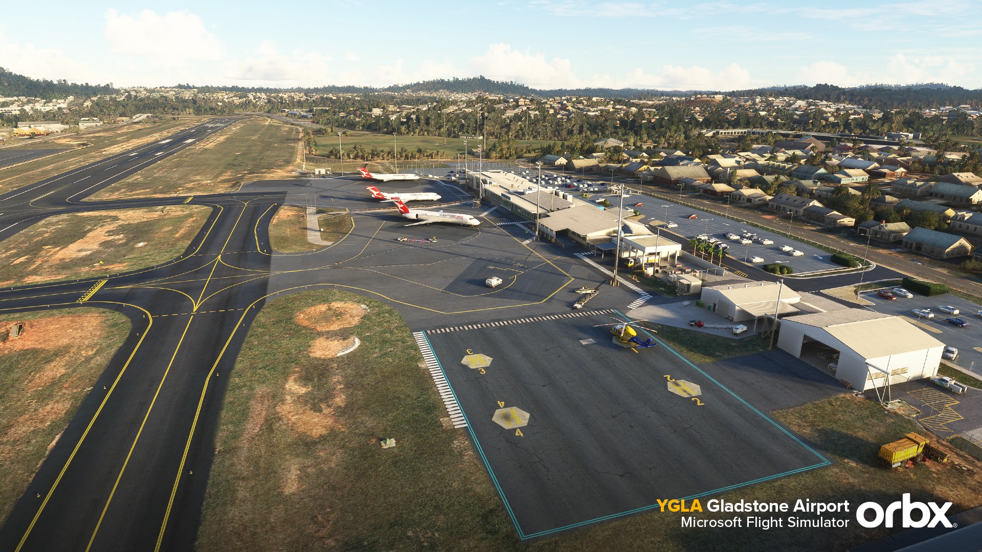 Pode ser uma imagem de aeronave, estrada e texto que diz "YGLA Gladstone Airport orbx Microsoft Flight Simulator"