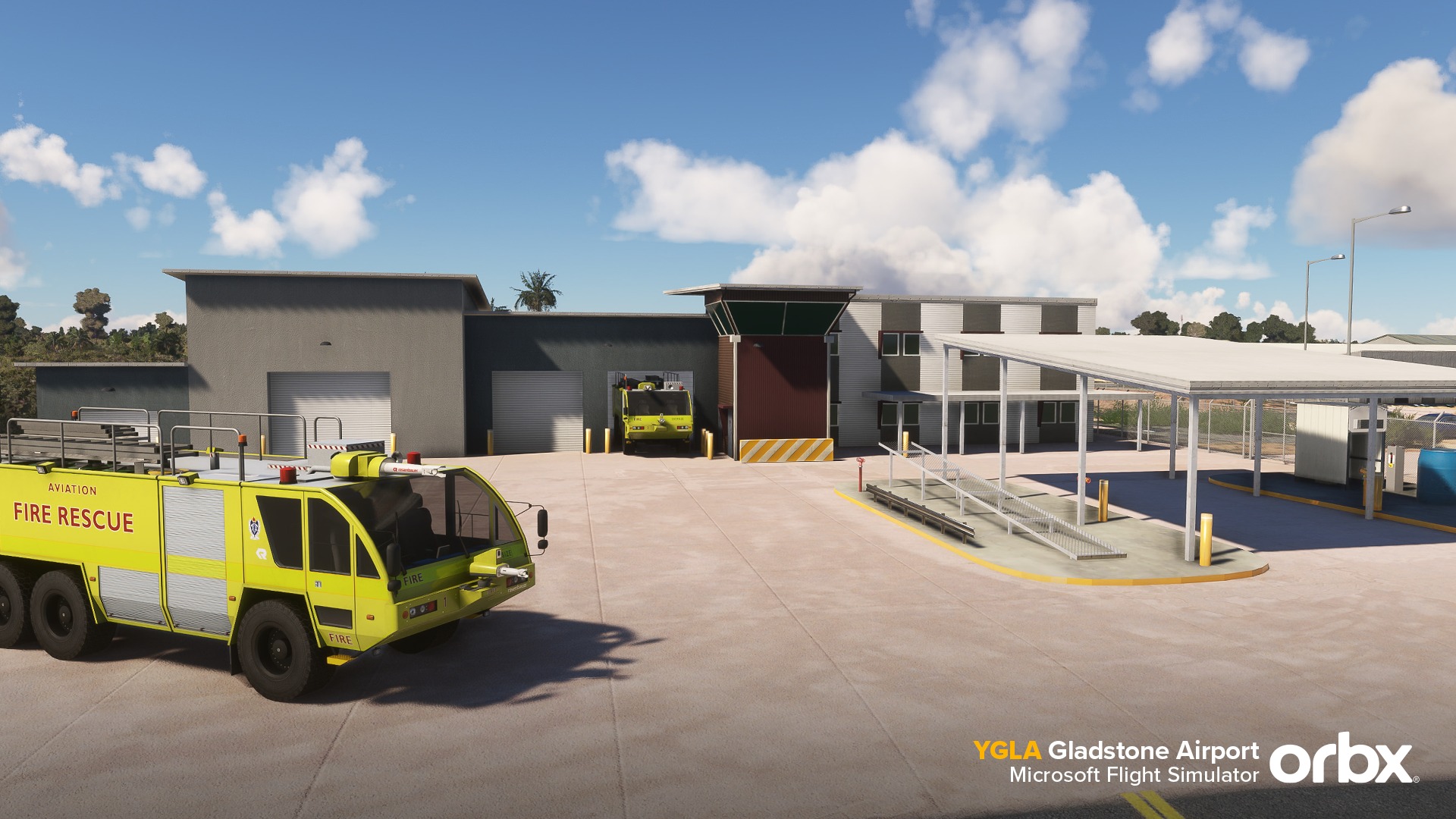 Pode ser uma imagem de ambulância e texto que diz "AVIAT FIRE RESCUE YGLA Gladstone Airport orbx Microsoft Flight Simulator"
