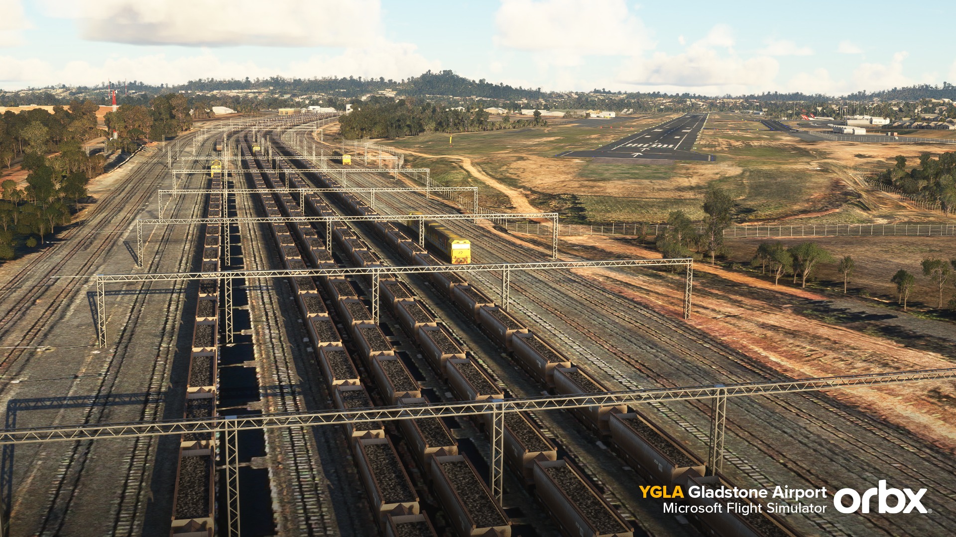 Pode ser uma imagem de trem, ferrovia e texto que diz "A YGLA Gladstone Airport orbx Microsoft Flight Simulator"