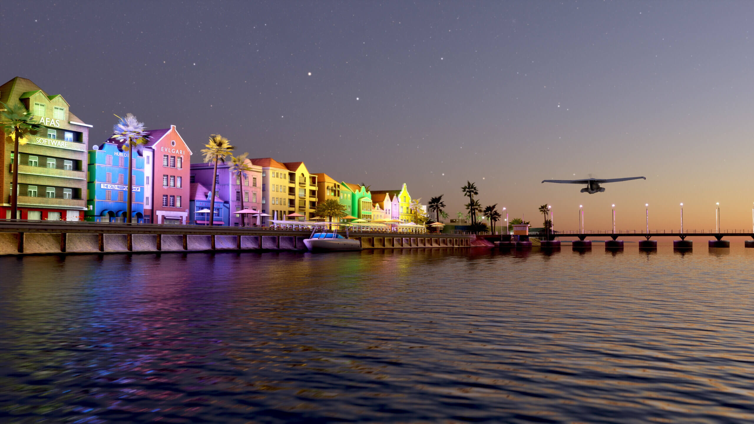Different colored houses in Curaçao at night