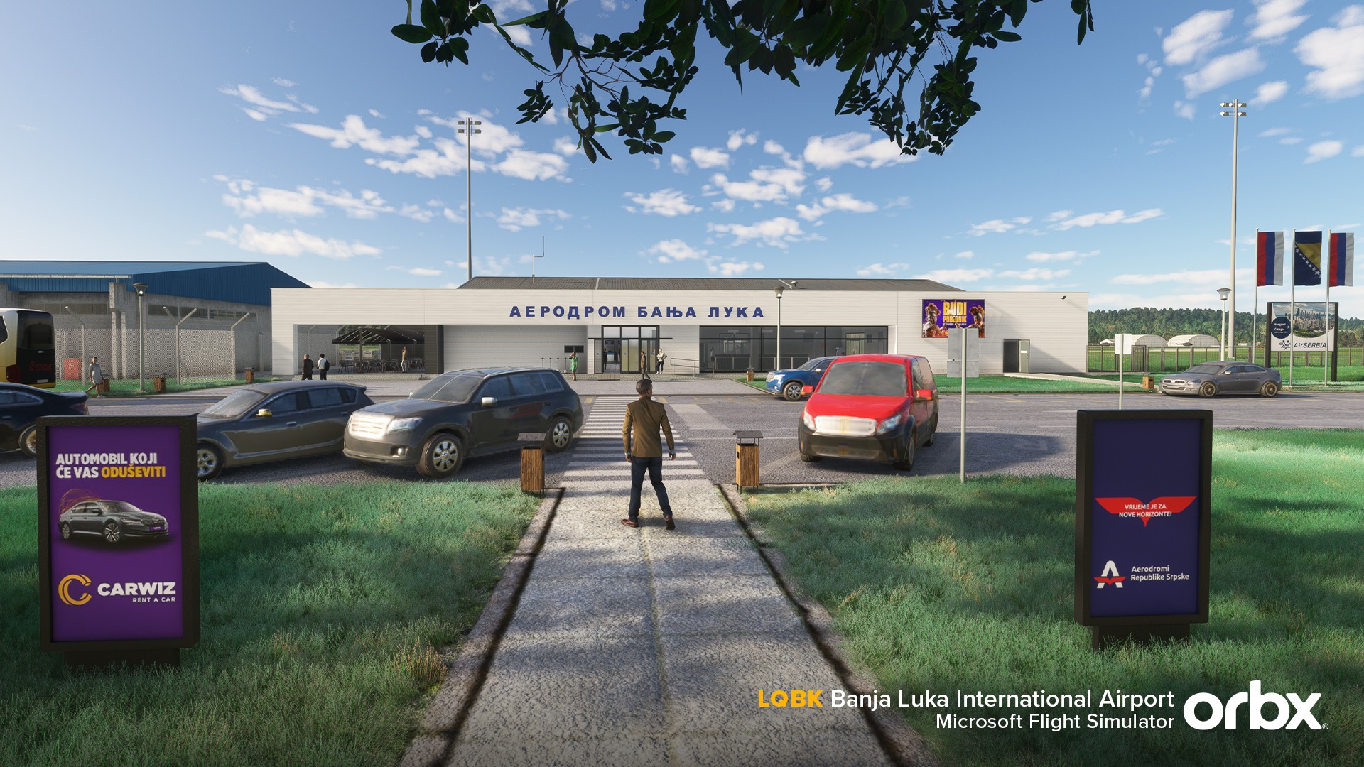 Pode ser uma imagem de 1 pessoa e texto que diz "aepoApom 6aba aepoApom6aaлyKa лyKa AUTOMOBIL KOJI S A EVAS ODUSEVITI CARWIZ LOBK Banja Luka International Airport Simulator orbx Microsoft Flight"