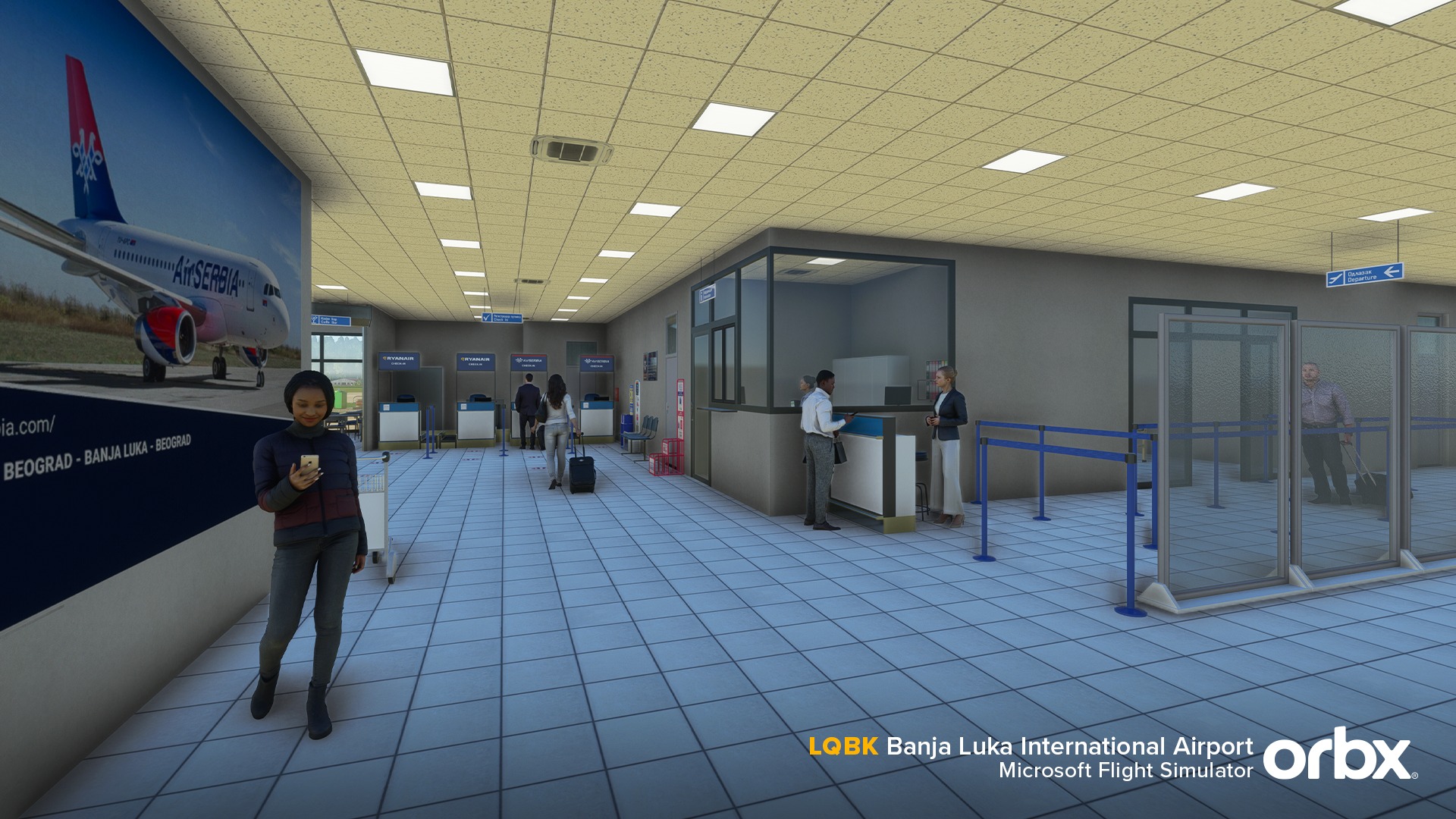 Pode ser uma imagem de 6 pessoas, aeronave e texto que diz "LQBK Banja Luka International Airport orbx Microsoft Flight Simulator"