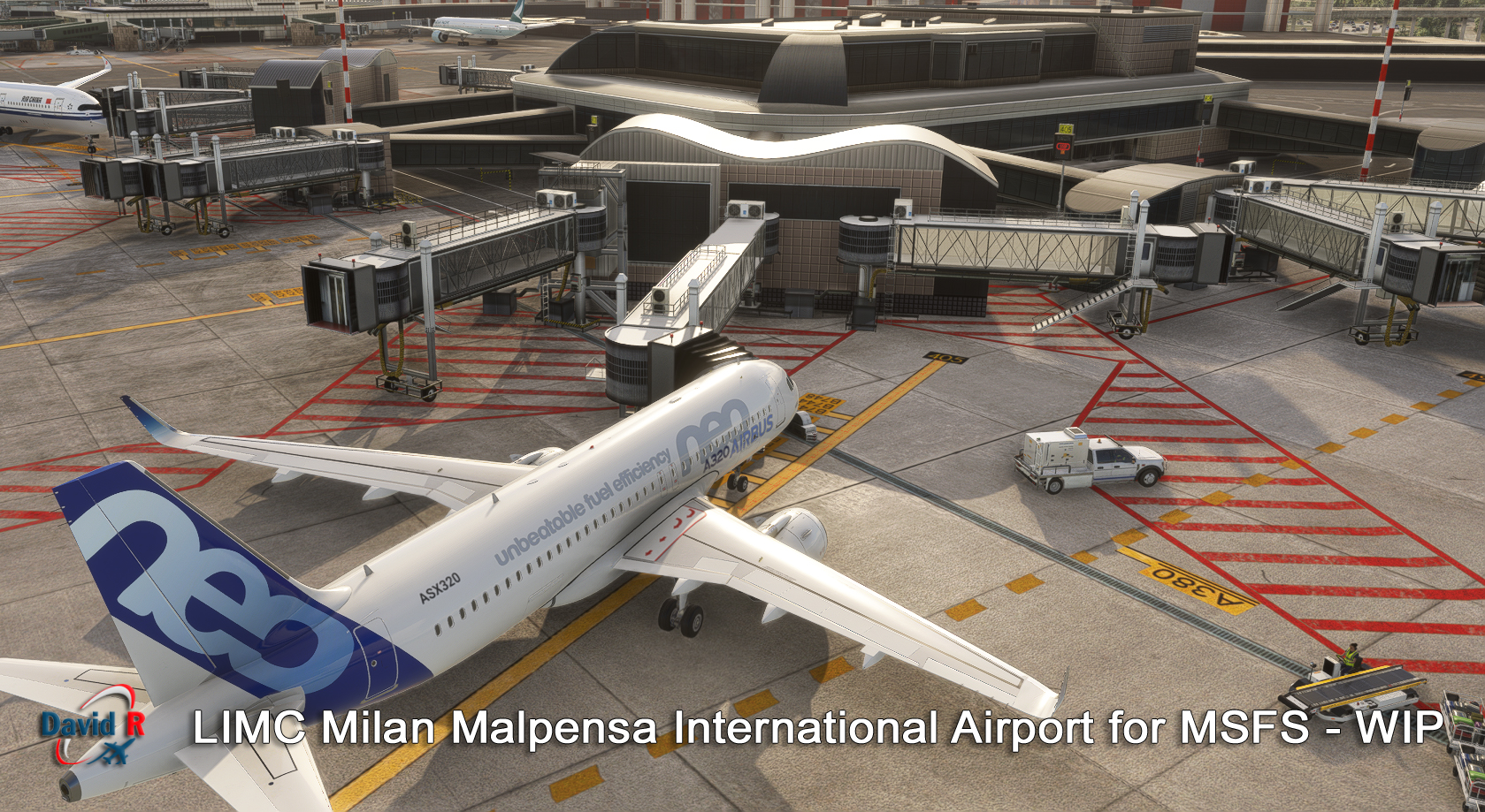 Pode ser uma imagem de aeronave e texto que diz "unbeatable uel efficiency ASX320 O9ED LIMC Milan Malpensa International Airport for MSFS WIP"