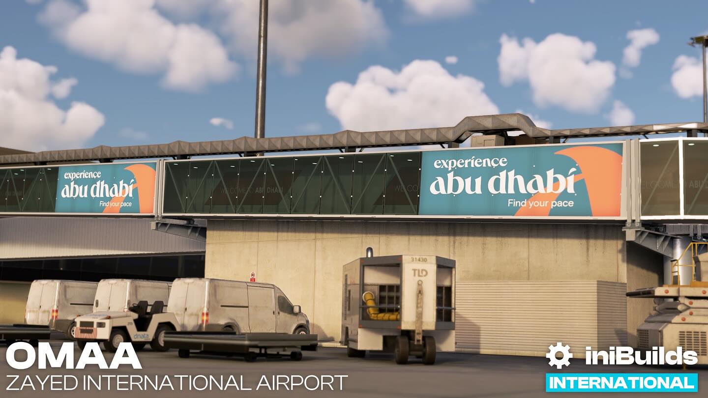 Pode ser uma imagem de texto que diz "experience abu dhabí Findyou pace ace experiençe dhabi abu Find your pace 31430 TLD OMAA ZAYEDINTERNATIONALAIRPORT AIRPORT INTERNATIONAL iniBuilds INTERNATIONAL"