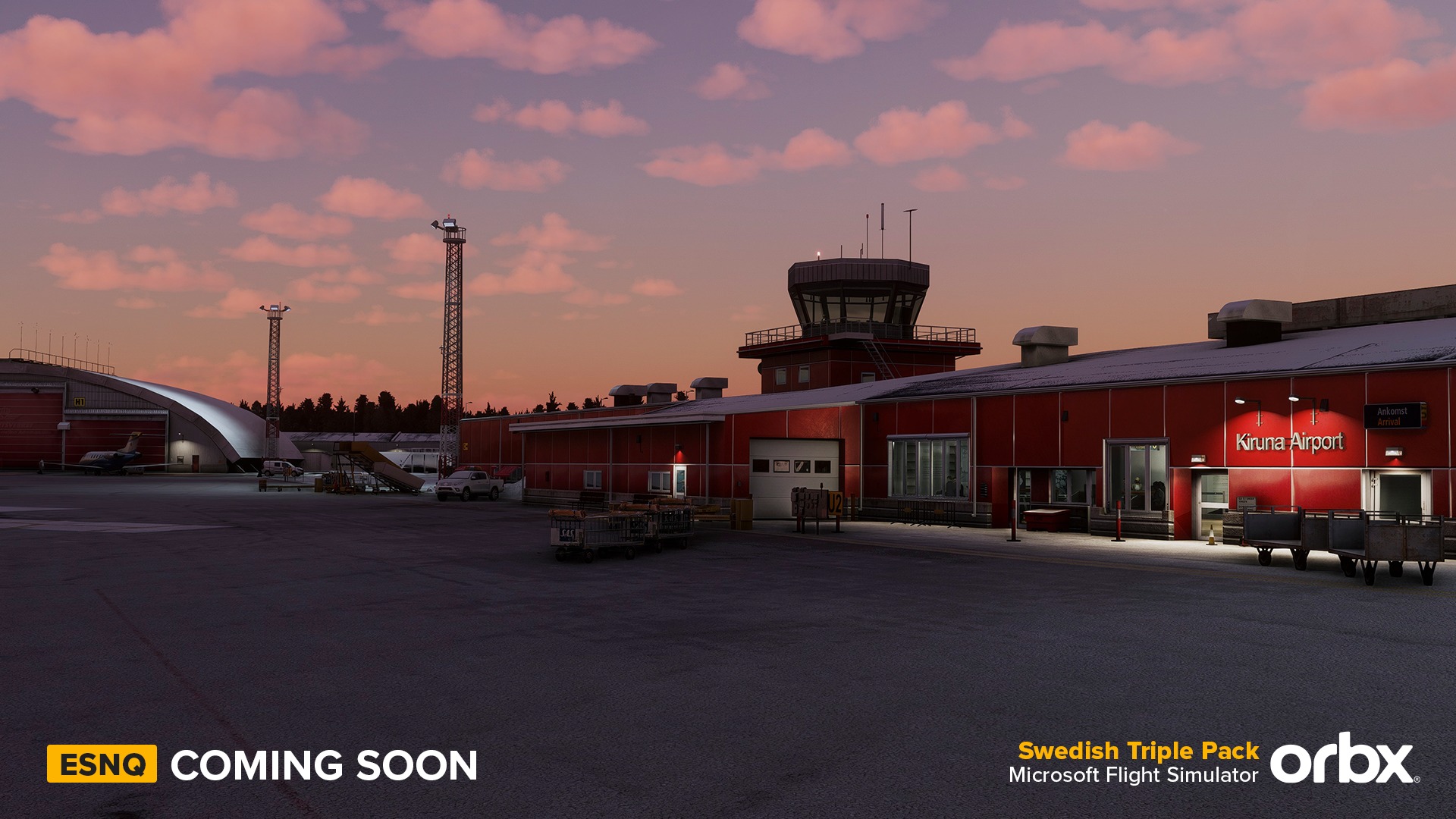 Pode ser uma imagem de dirigível e texto que diz "HE Kiruna KiunAt Airport ESNQ COMING SOON Swedish Triple Microsoft Flight Simulator Pack orbx"