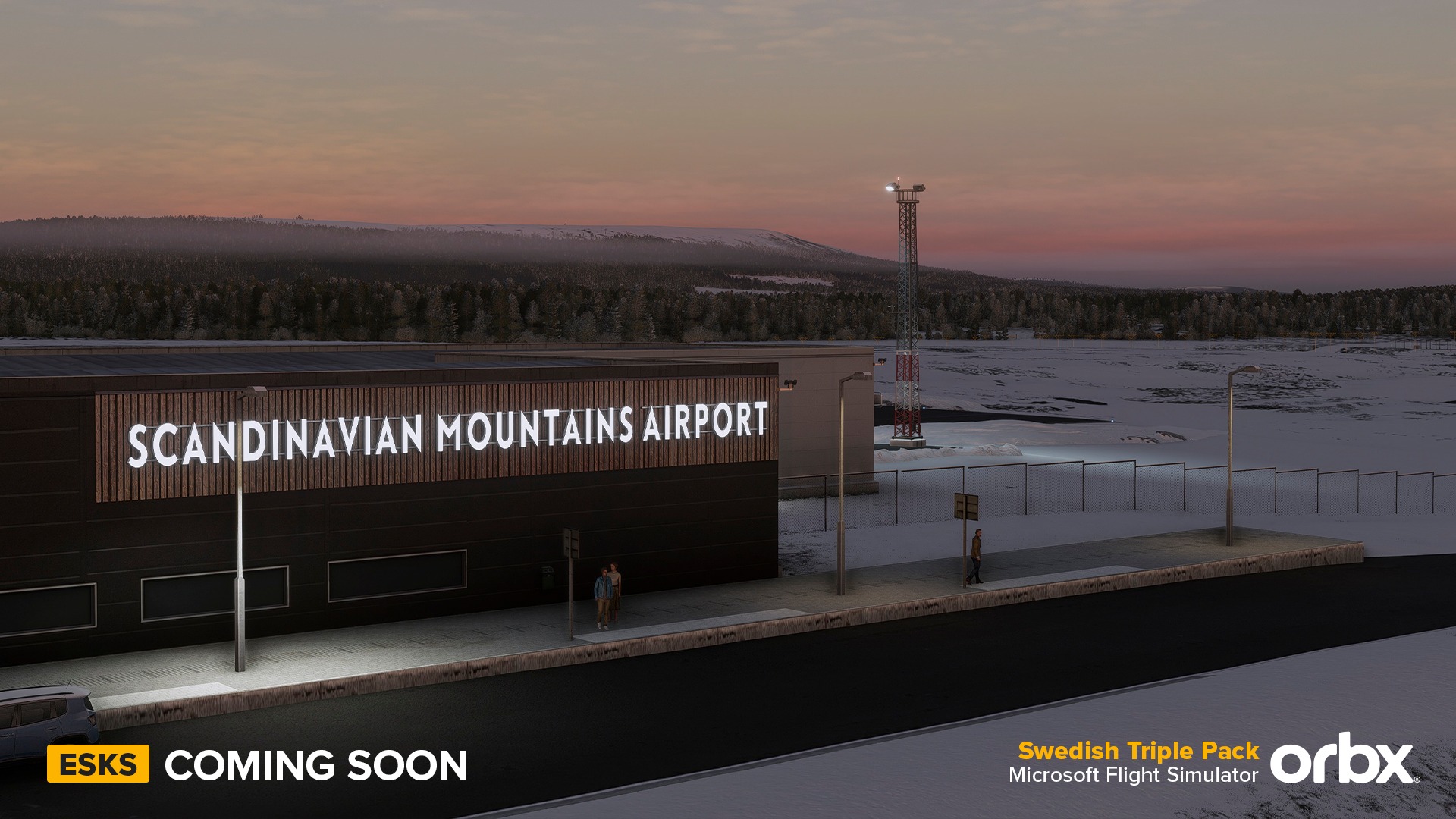 Pode ser uma imagem de 1 pessoa e texto que diz "SCANDINAVIANMRPORT SCANDINAVIAN MOUNTAINS AIRPORT ESKS COMING SOON Swedish Triple Pack orbx Microsoft Flight Simulator"