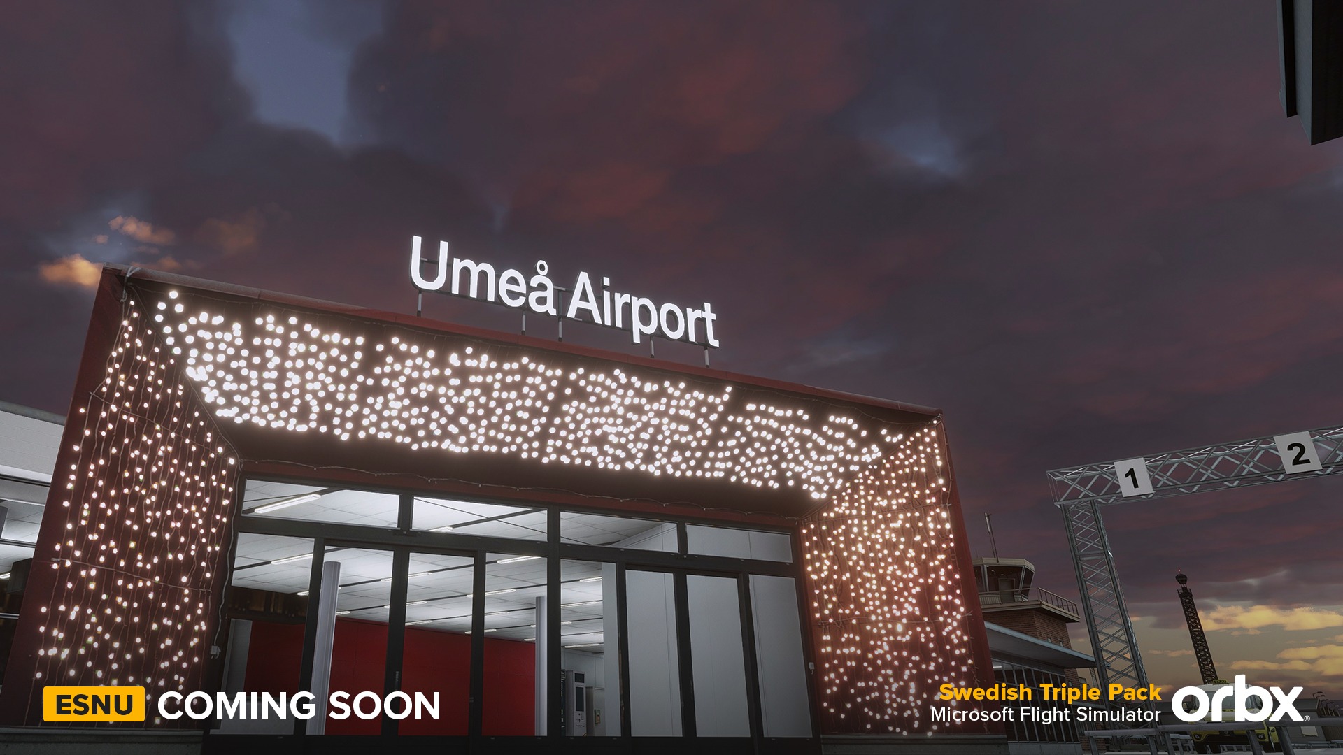Pode ser uma imagem de texto que diz "Umea Airport ESNU COMING SOON Swedish Triple Pack orbx Miçrosoft Flight Simulator"