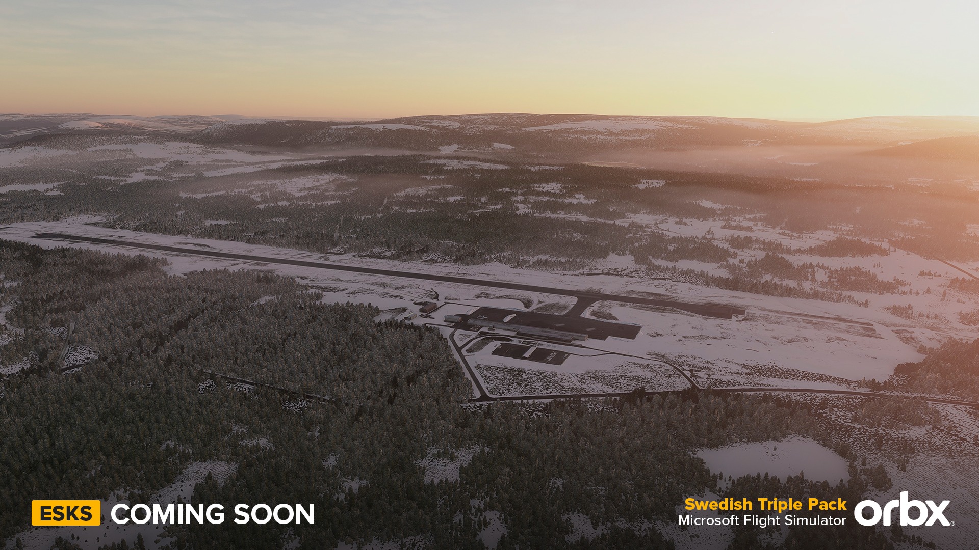 Pode ser uma imagem de pista de esqui e texto que diz "ESKS COMING SOON Swedish Triple Pack orbx Microsoft Flight Simulator"