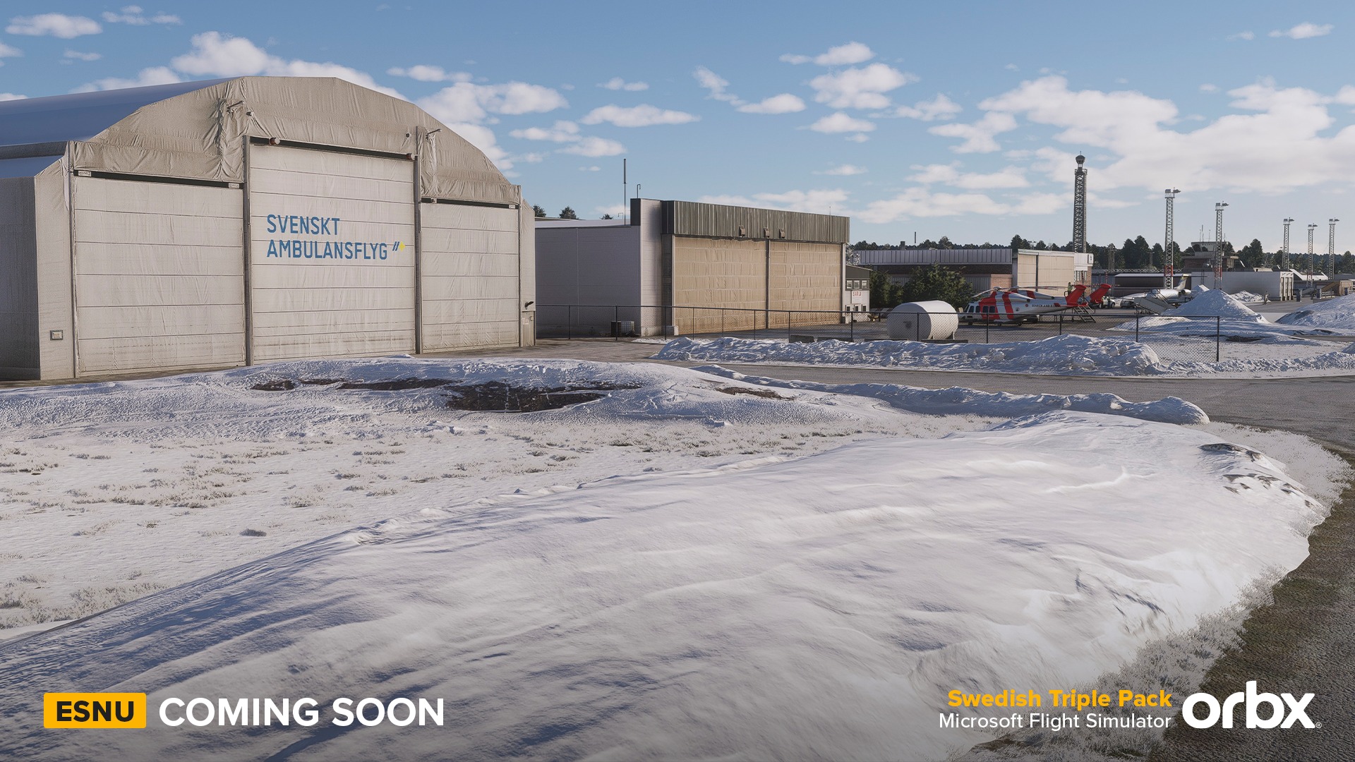 Pode ser uma imagem de depósito de madeira e texto que diz "SVENSKT AMBULANSFLYG" ESNU COMING SOON Swedish Triple Pack orbx Microsoft Flight Simulator"
