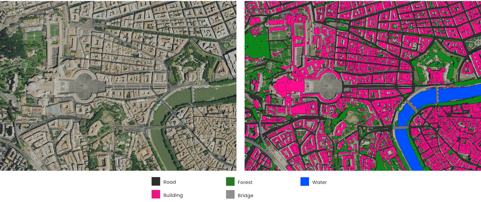 Example of high-resolution aerial imagery (left) and the output of HD vector map features (right), showcasing CGR’s and Ecopia’s ability to accurately digitize complex Italian cityscapes.