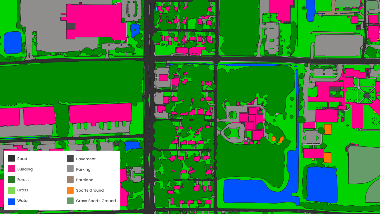 An example of land cover vector data for use in determining stormwater utility fees; Jacksonville, Florida. Overlapping layers enable analysis of all surface types and how they interact with each other, capturing both tree canopy and the impervious surfaces underneath it.