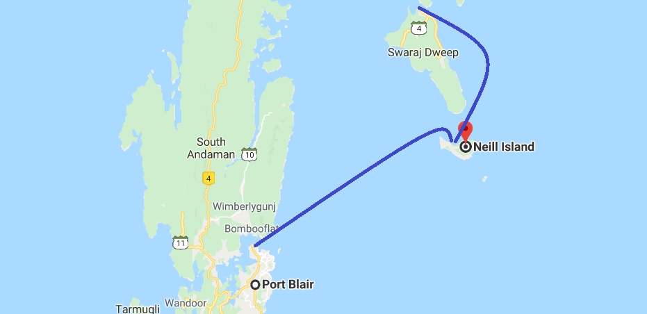 Map Showing Ferry Route to Neil Island from Havelock and Port Blair