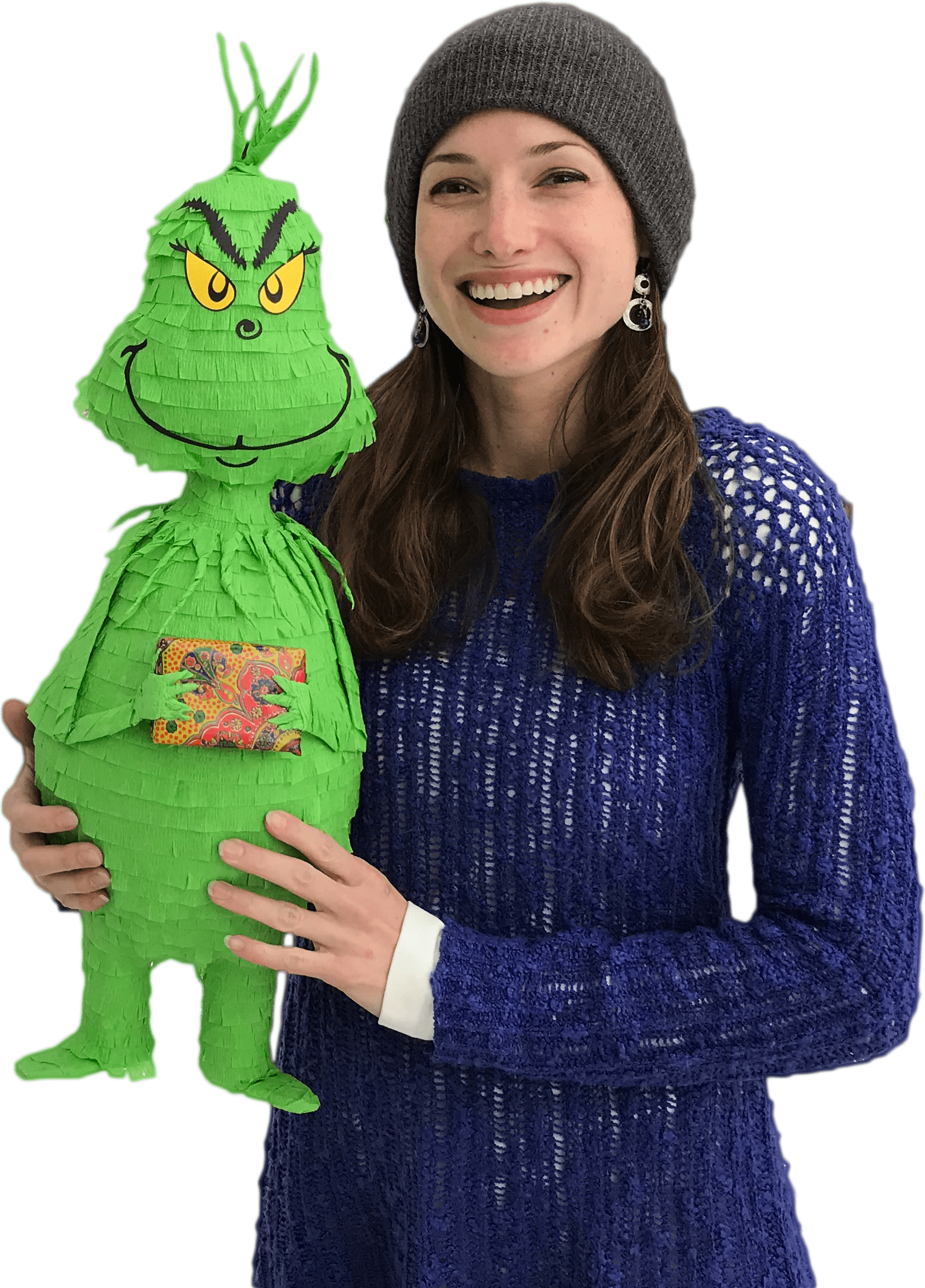 leah haney holding christmas grinch pinatas - owner