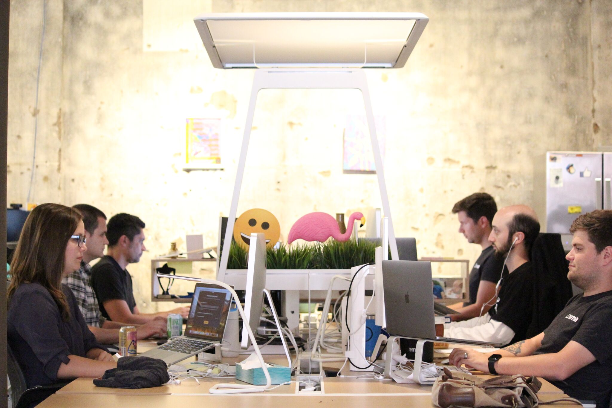 crema team working on computers in office with flamingo and smiley in background