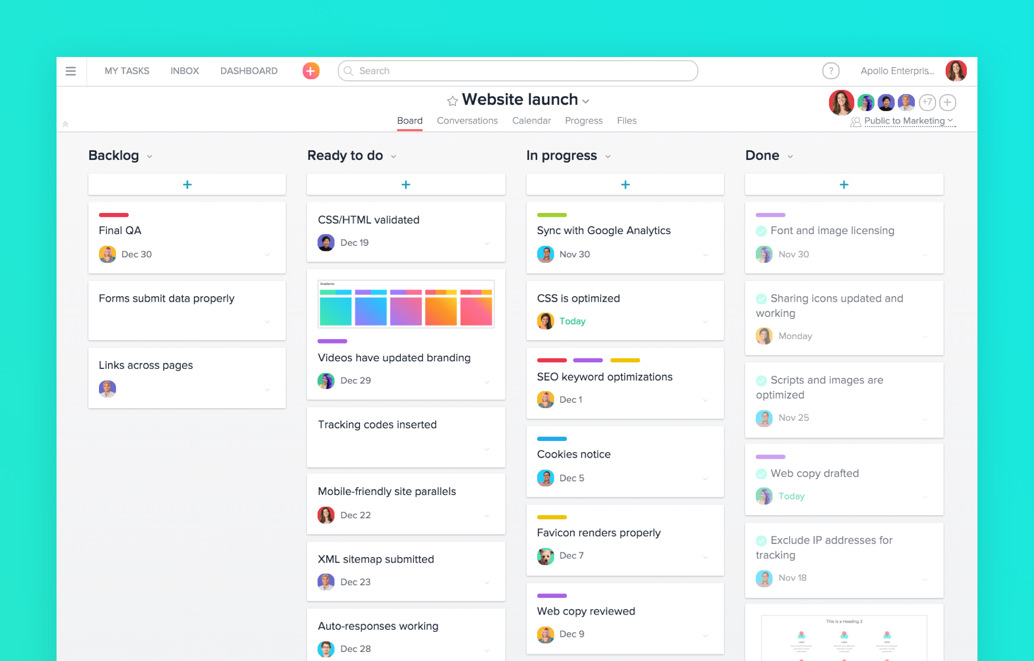 screenshot of asana board for website launch