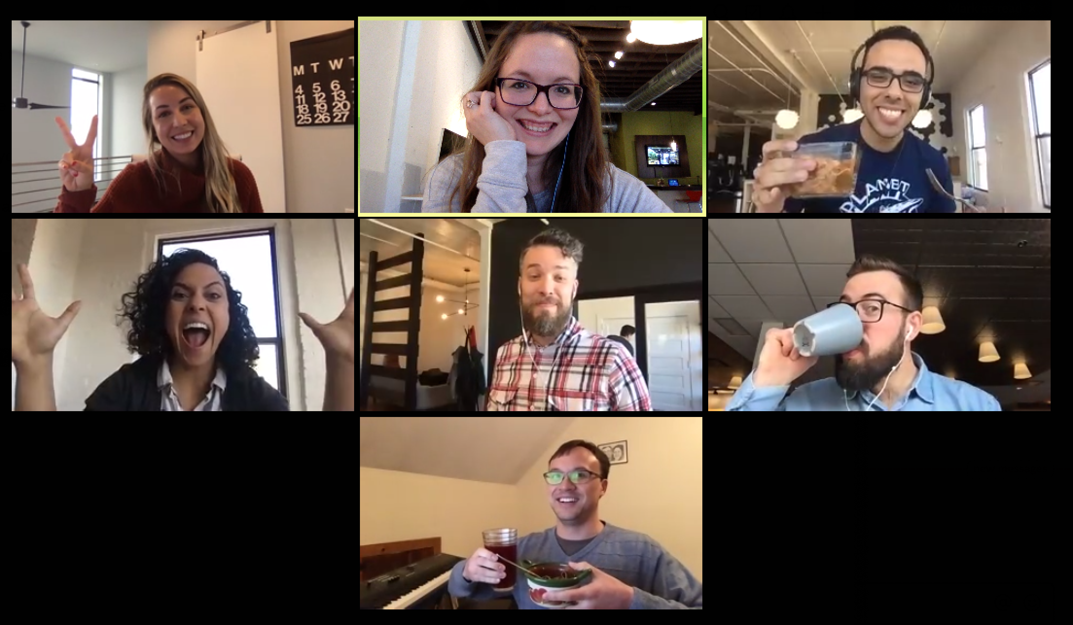 distributed team members lunching together
