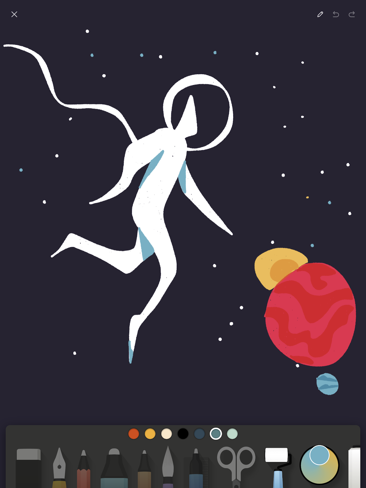 illustrations of sketch with astronaut and planets on ipad