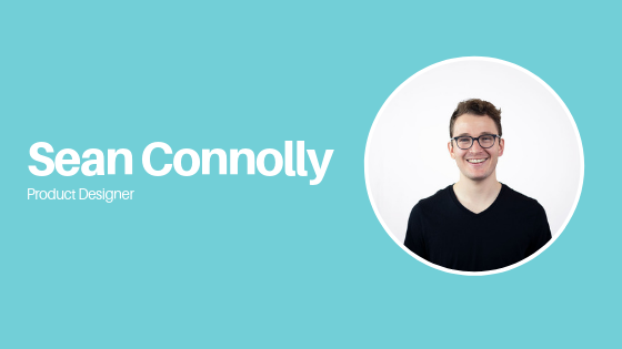sean connolly product designer with blue background and photo of him