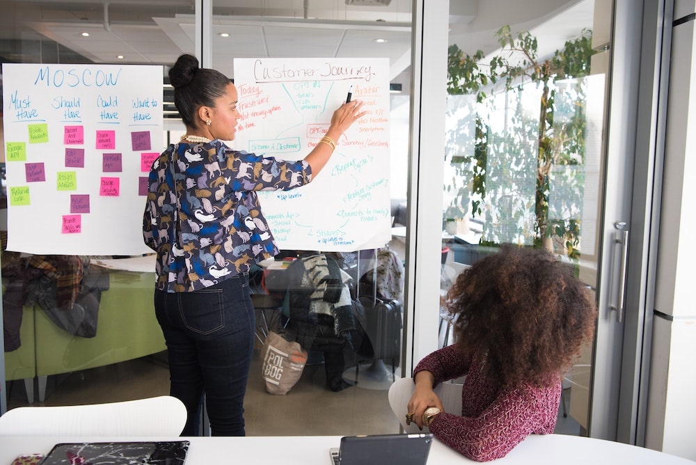 Two people discussing customer journey with some presentations